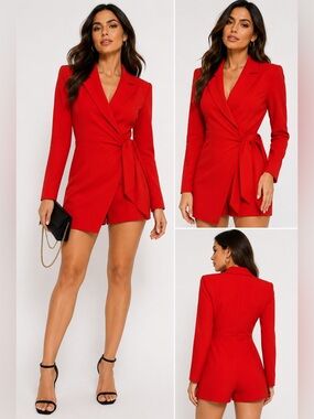 Zara Red Blazer Romper XS Wrap Tie Waist Long Sleeve